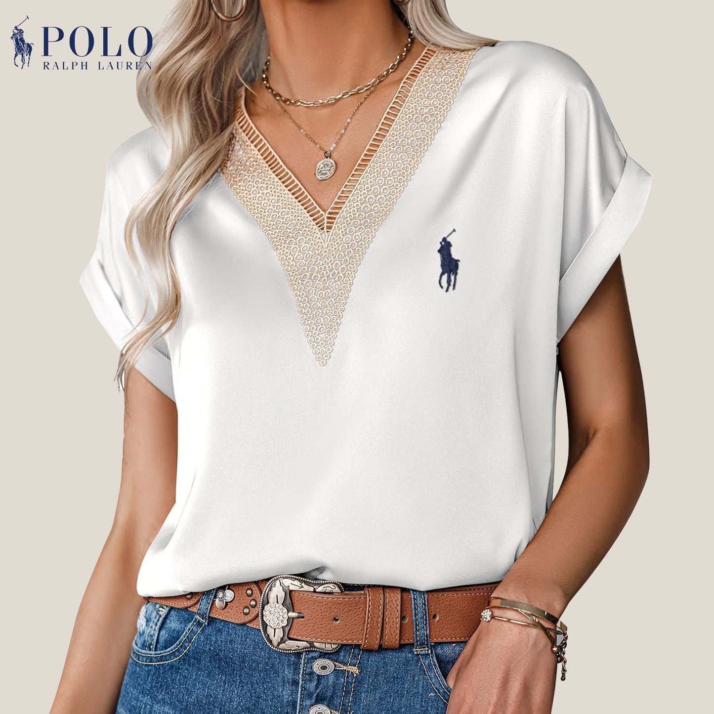 【RL】Camicetta in raso con pizzo e scollo a V
