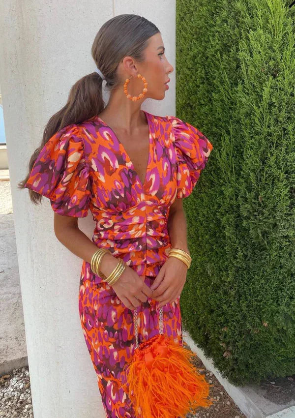 Arielle™ | Abito Midi Donna Colorato con Maniche Plissettate