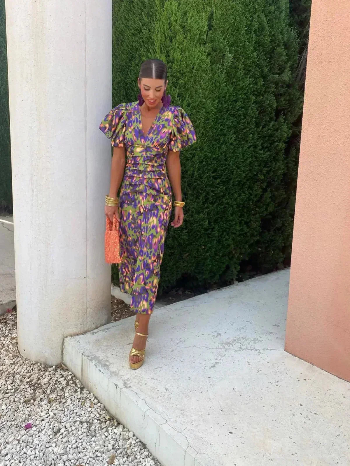 Arielle™ | Abito Midi Donna Colorato con Maniche Plissettate