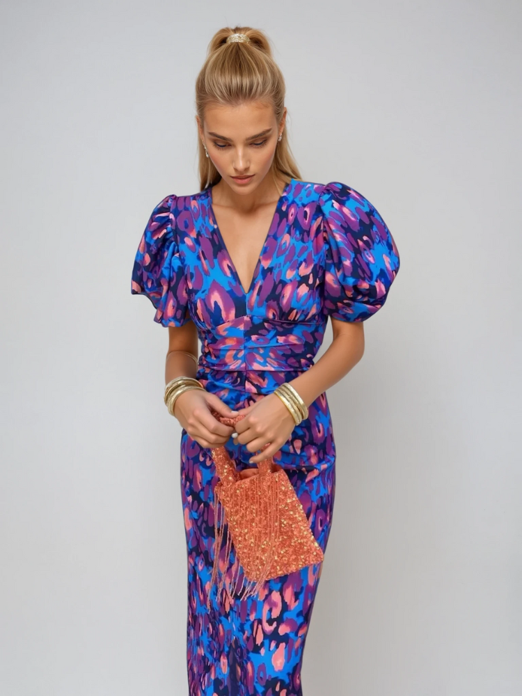 Arielle™ | Abito Midi Donna Colorato con Maniche Plissettate