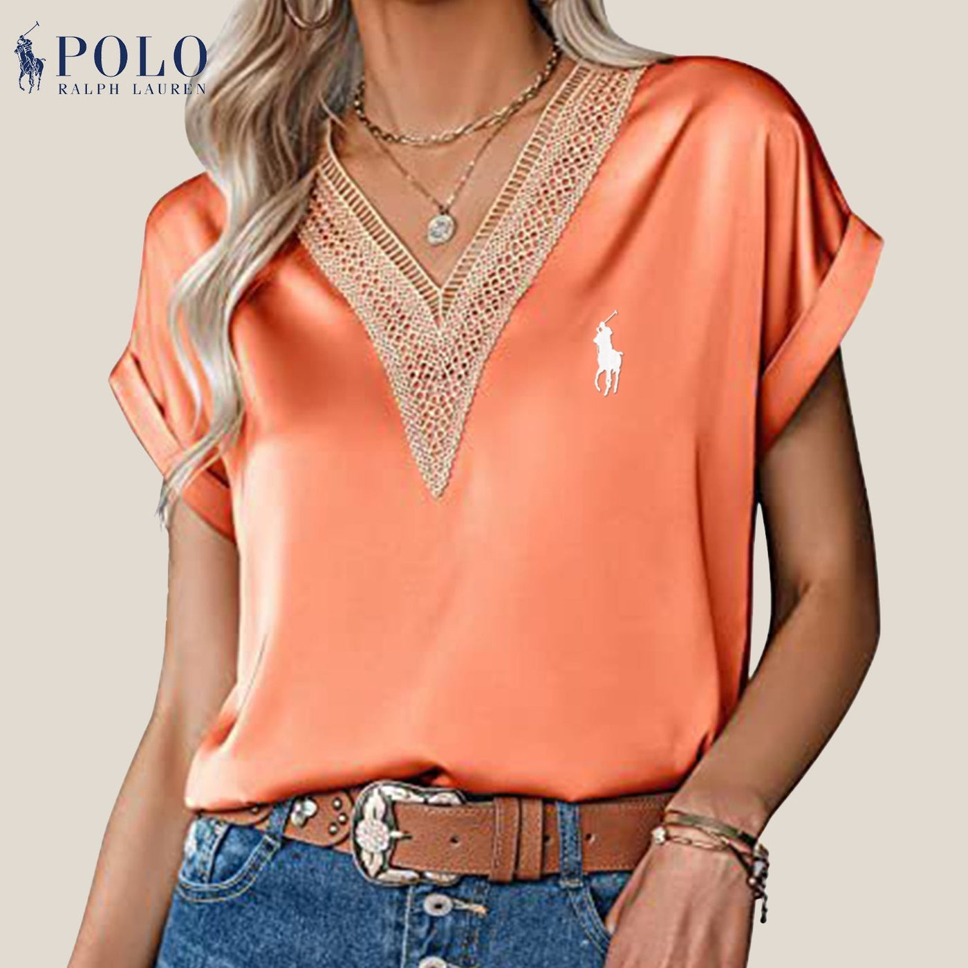 【RL】Camicetta in raso con pizzo e scollo a V