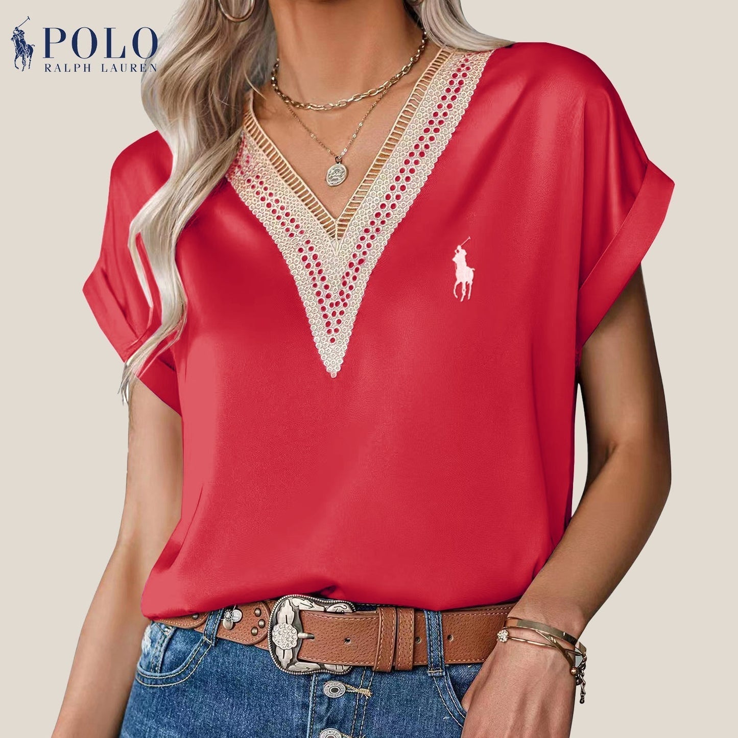 【RL】Camicetta in raso con pizzo e scollo a V