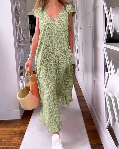 Véronique | Abito lungo con scollatura a V in stampa con maniche corte